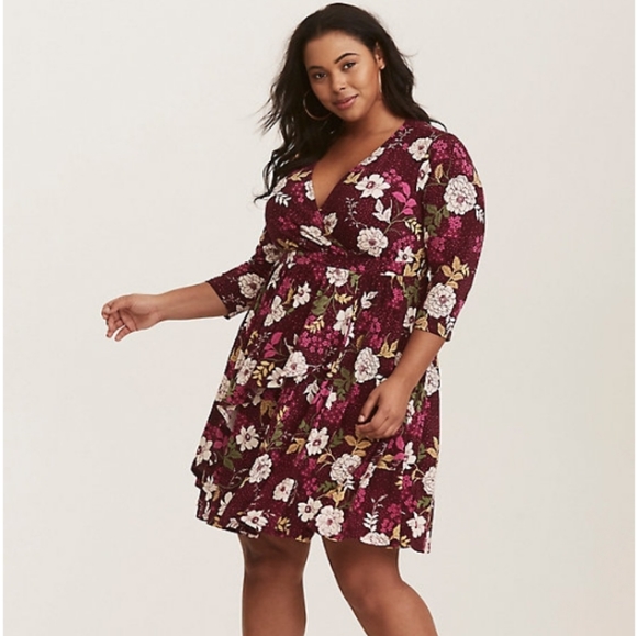 Torrid Burgundy Floral Print Woven Faux Wrap Dress - Picture 1 of 8